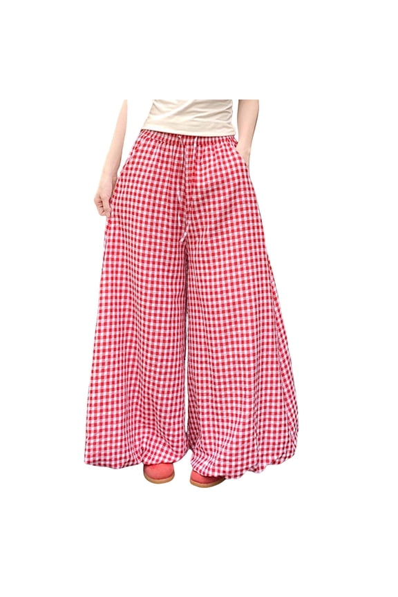 Wide Leg Baggy Pants for Women Casual Drawstring Elastic Waist Plaid Trousers with Pockets Fashion Loose Balloon Pants