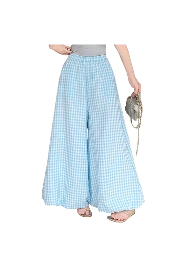 Wide Leg Baggy Pants for Women Casual Drawstring Elastic Waist Plaid Trousers with Pockets Fashion Loose Balloon Pants