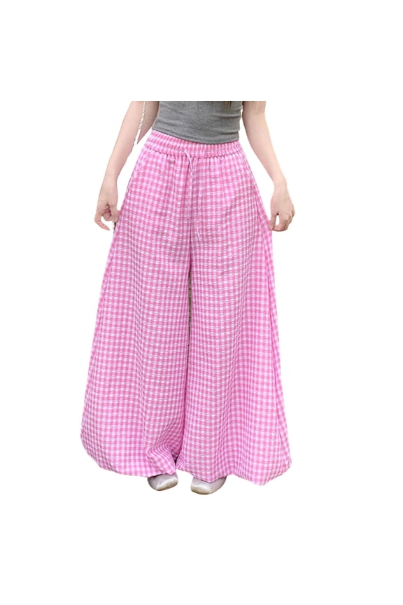 Wide Leg Baggy Pants for Women Casual Drawstring Elastic Waist Plaid Trousers with Pockets Fashion Loose Balloon Pants