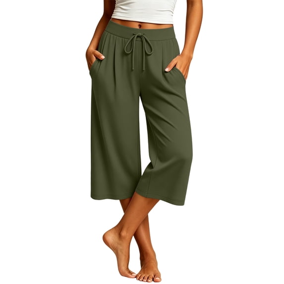 Lenpel Wide Leg Capri Pants for Women Trendy Drawstring Elastic Waisted Baggy Pants with Pockets Casual Solid Color Cropped Trousers(Army Green,XX-Large)