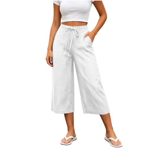 Lenpel Wide Leg Capri Pants for Women Baggy Drawstring Cropped Trousers with Pockets Lightweight Comfy Flowy Casual Capris