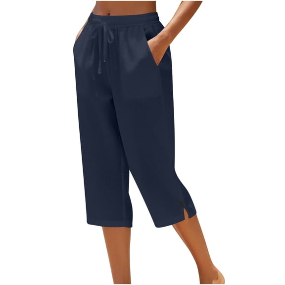 Lenpel Wide Leg Capri Pants for Women Soft Comfy Drawstring Elastic Waist Cropped Pants Fashion Side Slit Button Capris