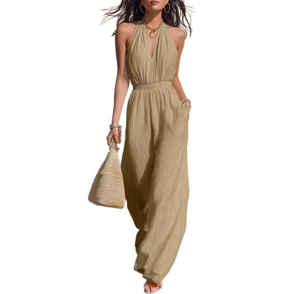Lenpel Wide Leg Halter Jumpsuits for Women Casual Sleeveless High Waist Rompers with Pockets Beach Vacation Outfits