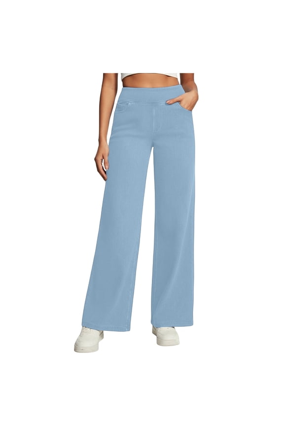Wide Leg Jeans for Women Baggy Elastic High Waisted Stretchy Pull on Lounge Pants Trendy Casual Trousers with Pockets(Light Blue,X-Large)