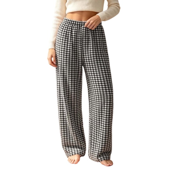 Lenpel Wide Leg Pajama Pants for Women Fall Flannel Lounge Elastic Waisted Plush Pants Plaid Casual Fleece Warm Trousers(Black,X-Large)