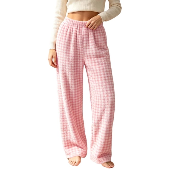 Lenpel Wide Leg Pajama Pants for Women Fall Flannel Lounge Elastic Waisted Plush Pants Plaid Casual Fleece Warm Trousers(Pink,X-Large)