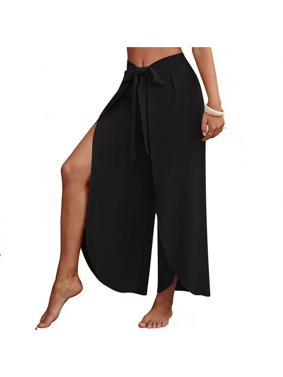 Wide Leg Palazzo Pants for Women Fashion Front Split Wrap Flowy Pants Lounge Tie Front Baggy Trousers for Beach Vacation