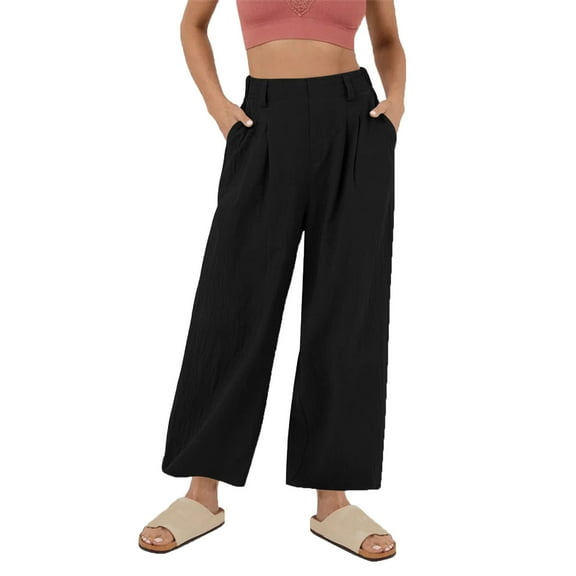 Lenpel Wide Leg Pants for Woman Elastic High Waisted Baggy Cotton Linen Pants Palazzo Casual Trousers with Pockets