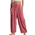 thumbnail image 1 of Lenpel Wide Leg Pants for Woman Lightweight Elastic High Waisted Drawstring Solid Palazzo Pants Baggy Casual Trousers with Pockets, 1 of 7