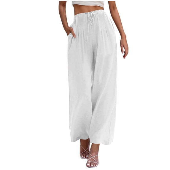 Lenpel Wide Leg Pants for Women Baggy Elastic High Waisted Drawstring Pleated Palazzo Pants Lightweight Casual Trousers