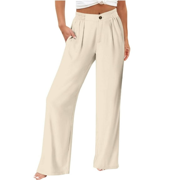 Lenpel Wide Leg Pants for Women Baggy Elastic High Waisted Lounge Pants Travel Vacation Casual Trousers with Pockets(Beige,XX-Large)