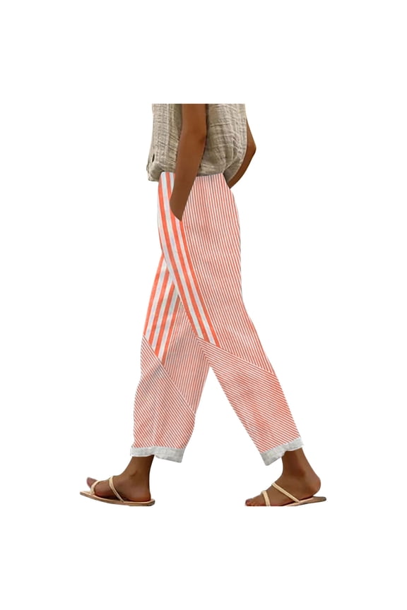Wide Leg Pants for Women Cotton Elastic High Waisted Striped Lounge Pants Casual Loose Trousers with Pockets