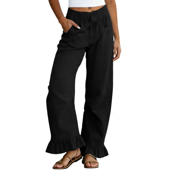 Lenpel Wide Leg Pants for Women Cotton Linen Fashion Button High Waist Ruffle Trousers with Pockets Casual Loose Fit Beach Pants