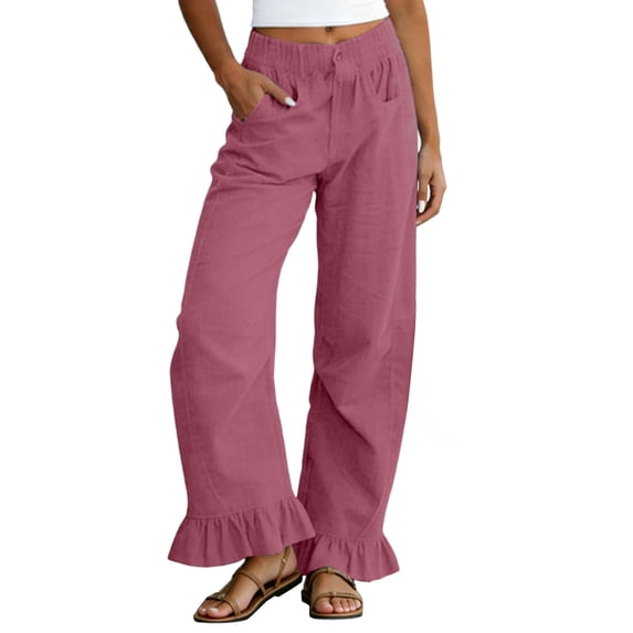 Lenpel Wide Leg Pants for Women Cotton Linen Fashion Button High Waist Ruffle Trousers with Pockets Casual Loose Fit Beach Pants