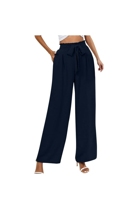 Wide Leg Pants for Women Elastic High Waisted Adjustable Tie Knot Loose Casual Trousers Business Work Pants with Pockets