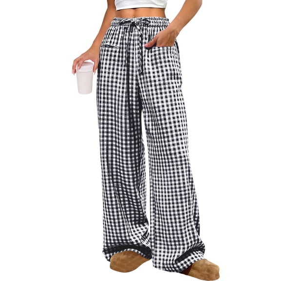 Lenpel Wide Leg Pants for Women Elastic High Waisted Drawstring Plaid Palazzo Pants Baggy Casual Trousers with Pockets(Black,X-Large)