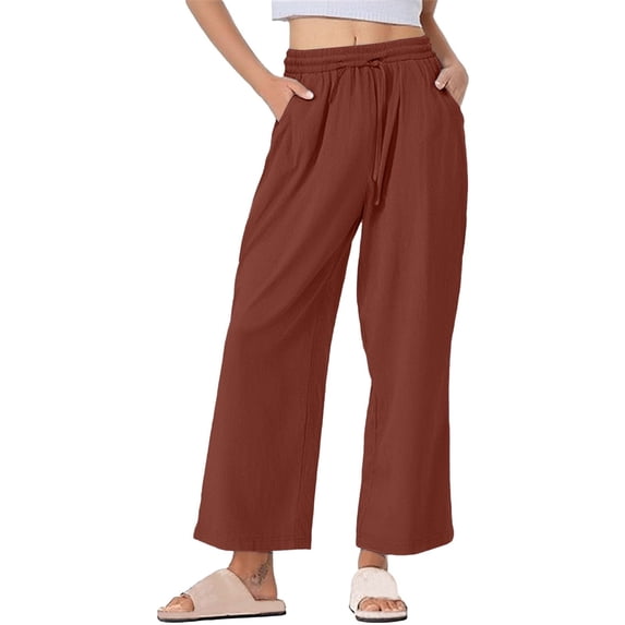 Lenpel Wide Leg Pants for Women Elastic High Waisted Drawstring Plus Size Cotton Linen Pants Baggy Casual Trousers(Orange,X-Large)