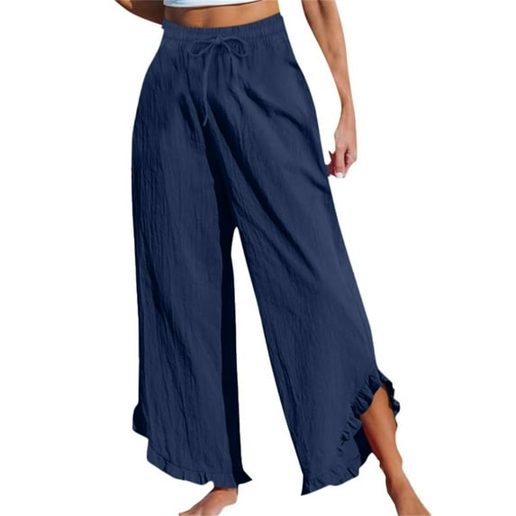 Lenpel Wide Leg Pants for Women Elastic High Waisted Drawstring Ruffle Hem Palazzo Pants Casual Loose Beach Trousers