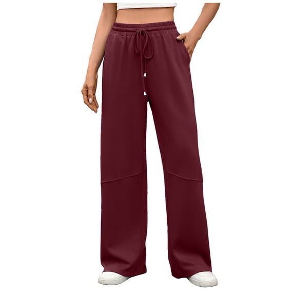 Lenpel Wide Leg Pants for Women Elastic High Waisted Drawstring Workout Lounge Pants Baggy Casual Sweatpants with Pockets(Wine,X-Large)