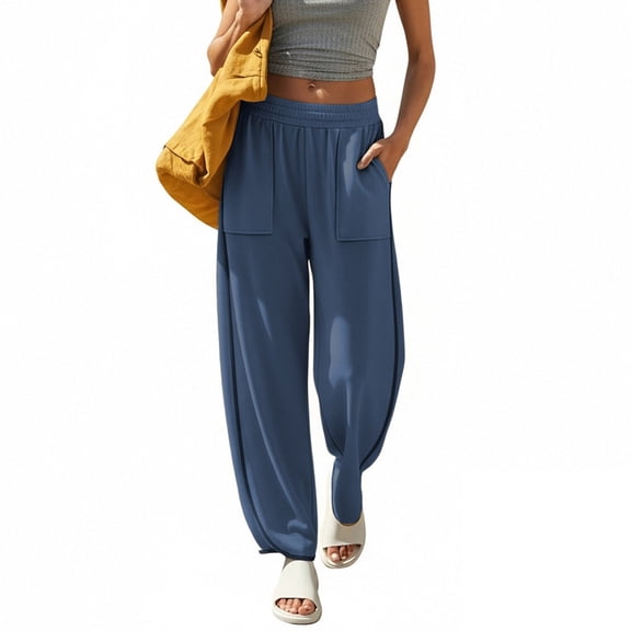 Lenpel Wide Leg Pants for Women Elastic High Waisted Side Split Comfy Lounge Pants Baggy Casual Trousers with Pockets(Navy,Large)