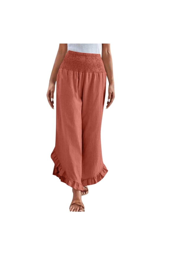Wide Leg Pants for Women Elastic High Waisted Solid Color Cropped Ruffle Hem Palazzo Pants Casual Loose Trousers