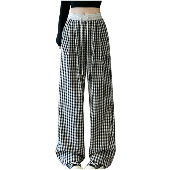 Lenpel Wide Leg Pants for Women Fashion High Waisted Drawstring Plaid Palazzo Lounge Pants Loose Casual Trousers