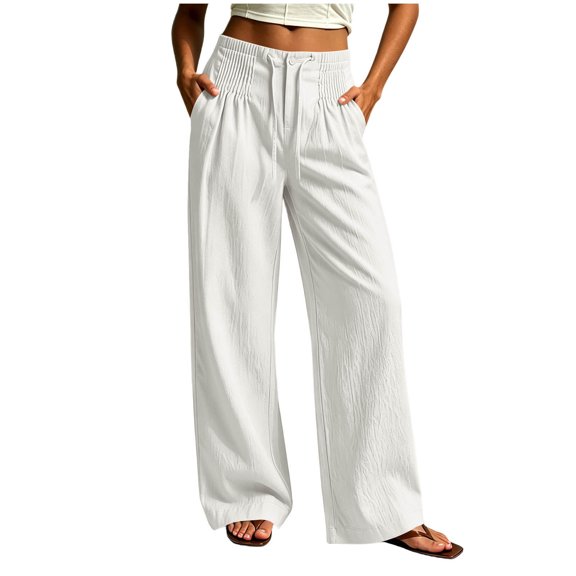 Lenpel Wide Leg Pants for Women Fashion Pleated Low Rise Lounge Baggy Pants Casual Flowy Trendy Button Drawstring Fall Clothes