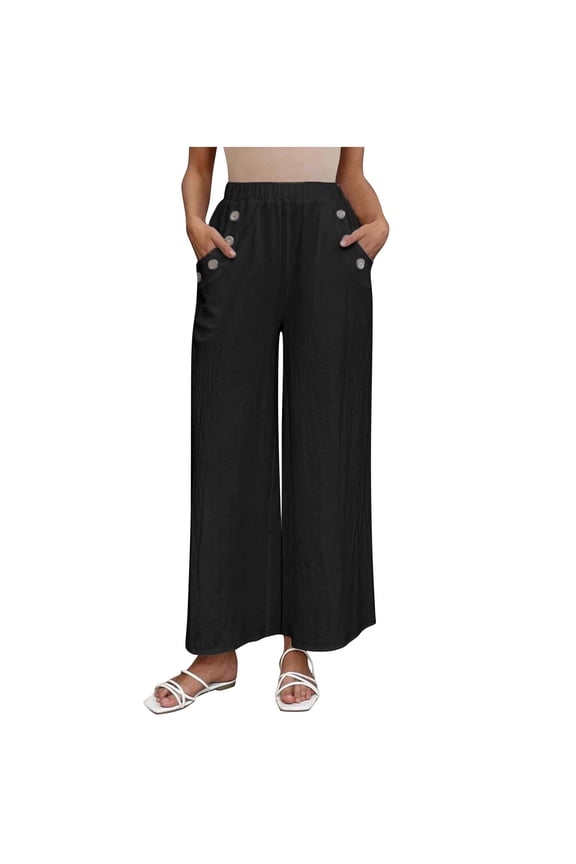 Wide Leg Pants for Women Lightweight Elastic High Waisted Pleated Beach Pants Baggy Casual Trousers with Pockets(Black,Medium)