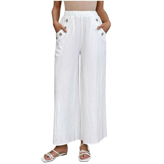 Lenpel Wide Leg Pants for Women Lightweight Elastic High Waisted Pleated Beach Pants Baggy Casual Trousers with Pockets(White,Large)