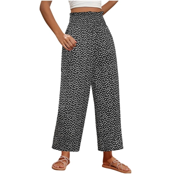 Lenpel Wide Leg Pants for Women Loose Ruffle High Waisted Pull on Printed Palazzo Pants Lightweight Casual Trousers