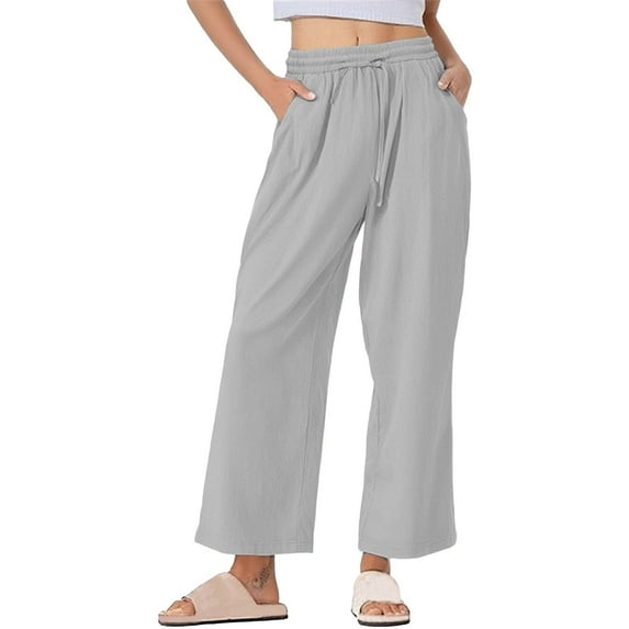 Lenpel Wide Leg Pants for Women Plus Size Elastic High Waisted Drawstring Cotton Linen Pants Casual Loose Beach Trousers with Pockets