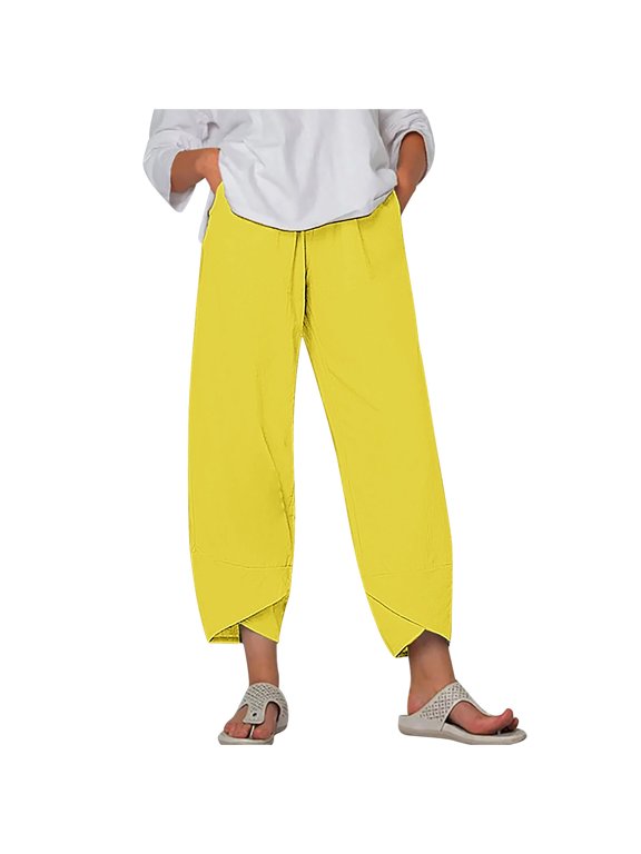 Wide Leg Pants for Women Plus Size Elastic Waist Split Hem Ankle Length Loose Trousers Cropped Casual Pants with Pockets