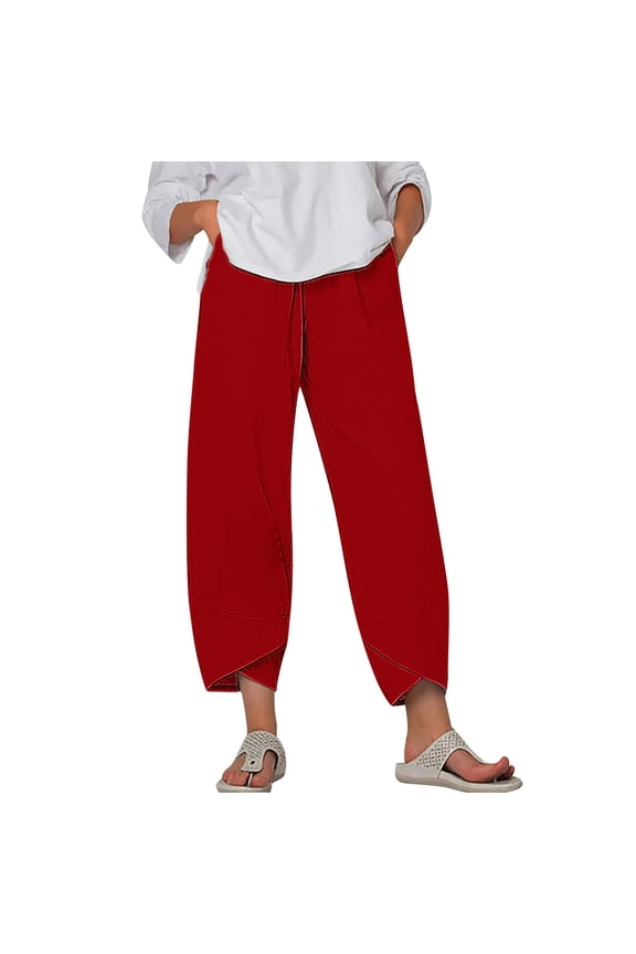 Wide Leg Pants for Women Plus Size Elastic Waist Split Hem Ankle Length Loose Trousers Cropped Casual Pants with Pockets