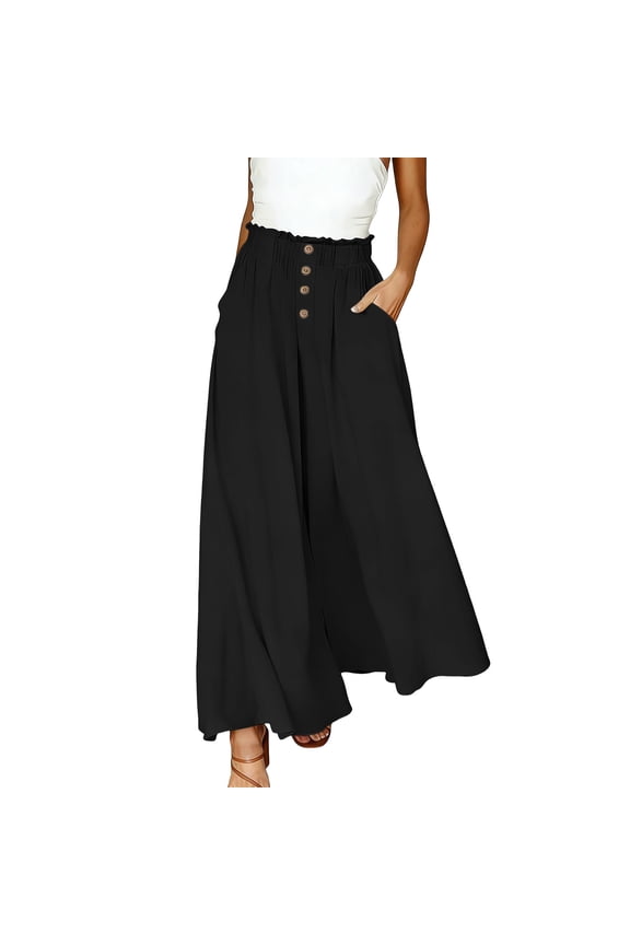 Wide Leg Pants for Women Ruffle Elastic High Waisted Pleated Flowy Culottes Palazzo Casual Trousers with Pockets