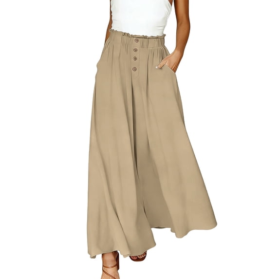 Lenpel Wide Leg Pants for Women Ruffle Elastic High Waisted Pleated Flowy Culottes Palazzo Casual Trousers with Pockets