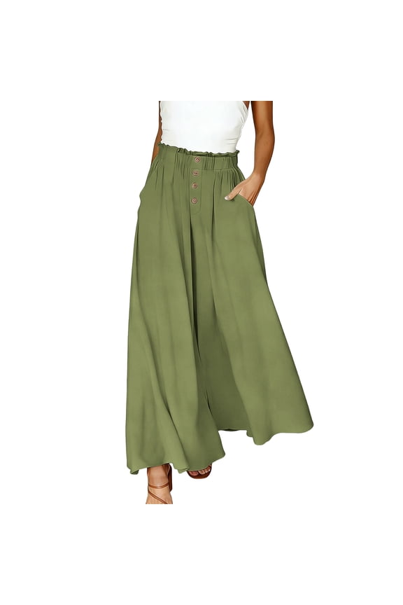 Wide Leg Pants for Women Ruffle Elastic High Waisted Pleated Flowy Culottes Palazzo Casual Trousers with Pockets