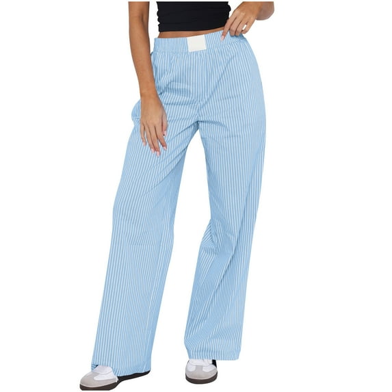 Lenpel Wide Leg Pants for Women Striped Elastic High Waisted Lounge Pants Trendy Loose Cusual Trousers