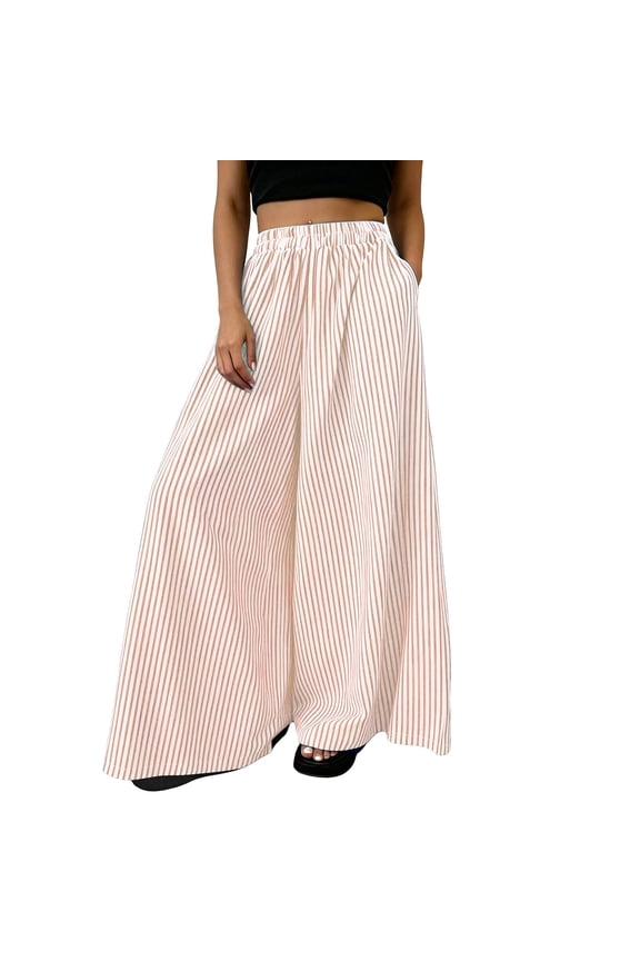 Wide Leg Striped Pants for Women High Waist Baggy Culottes with Pockets Casual Loose Beach Vacation Clothes