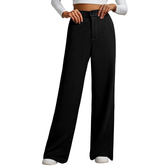 Lenpel Wide Leg Sweatpants for Women Baggy Elastic High Waisted Zip Button Lounge Work Pants Business Casual Trousers(Black,Medium)