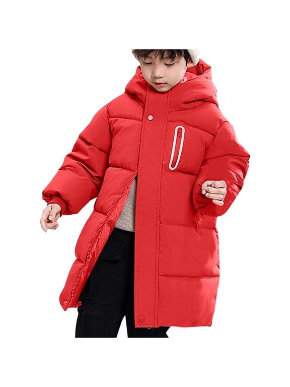 Winter down Coats for Boys Girls Long Zip up Hooded Quilted Puffer Jackets Thick Thermal Outwear With Pockets