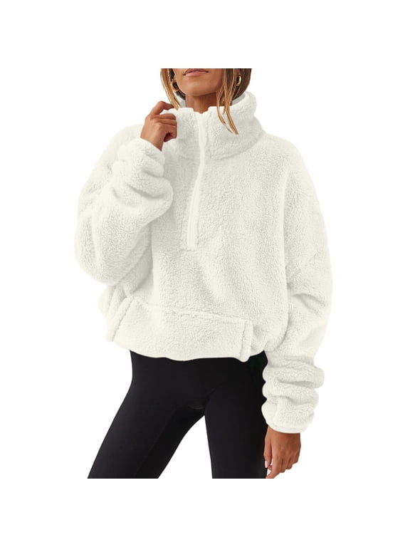 Women Fleece Sweatshirts Pullover Half Zip Long Sleeve Casual Fuzzy Warm Jackets Winter Outerwear with Pocket