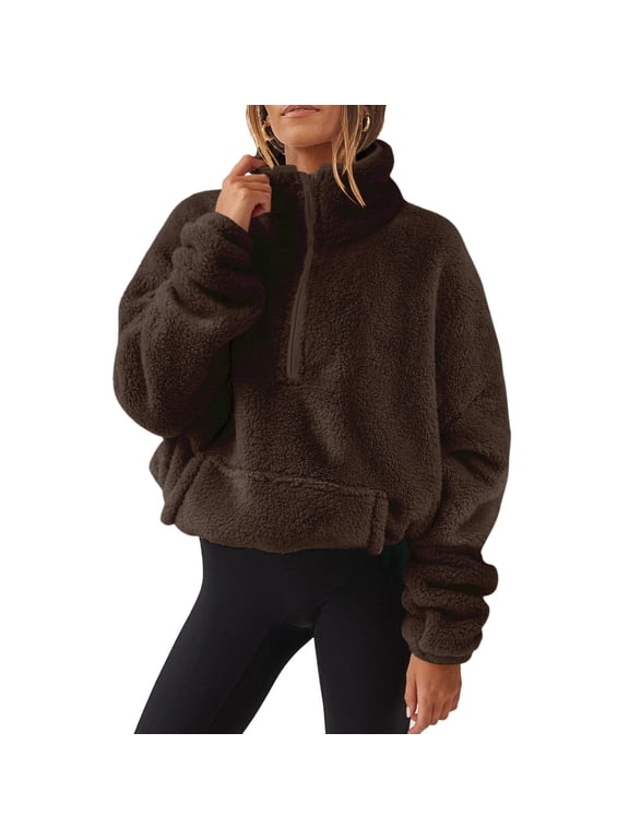 Women Fleece Sweatshirts Pullover Half Zip Long Sleeve Casual Fuzzy Warm Jackets Winter Outerwear with Pocket