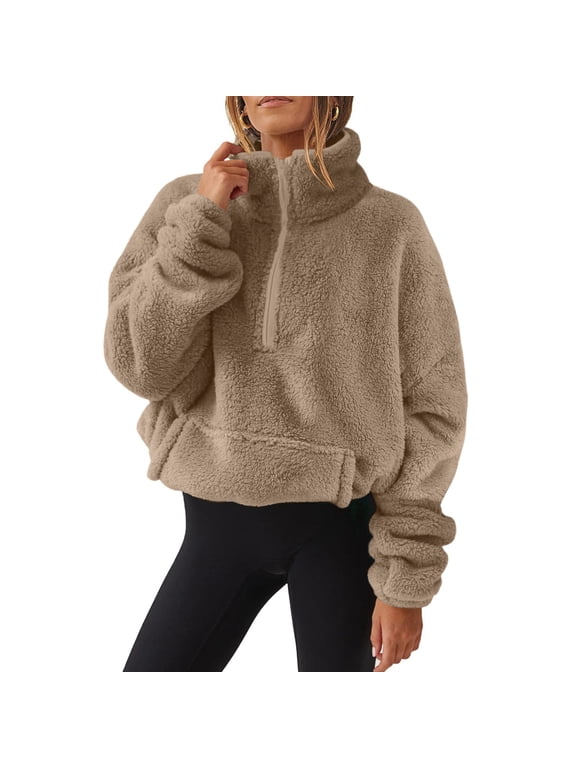 Women Fleece Sweatshirts Pullover Half Zip Long Sleeve Casual Fuzzy Warm Jackets Winter Outerwear with Pocket