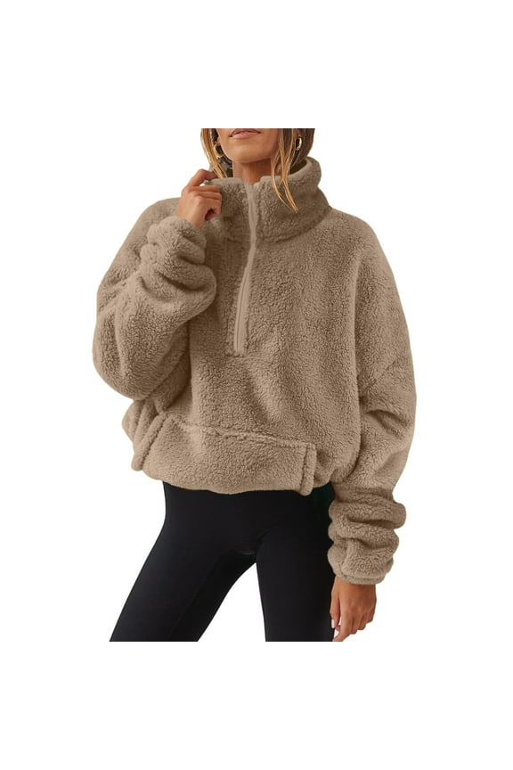 Women Fleece Sweatshirts Pullover Half Zip Long Sleeve Casual Fuzzy Warm Jackets Winter Outerwear with Pocket
