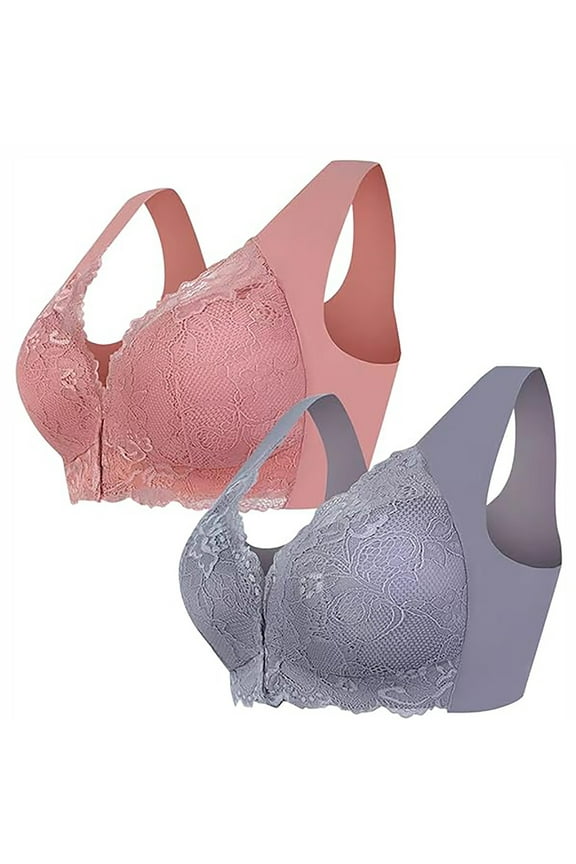 Women's 2 Pc Front Closure Bras Wireless Comfort Support Full Coverage Lace Bralettes Soft Plus Size Bras