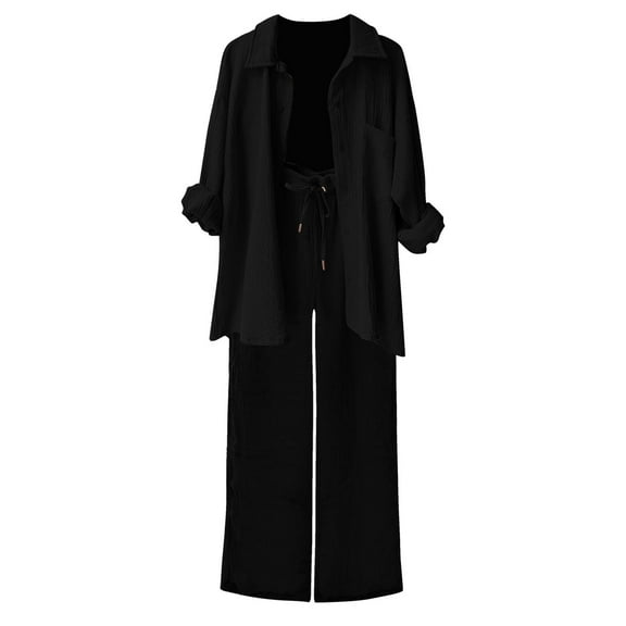 Lenpel Women's 2 Piece Casual Outfits Pleated Long Sleeve Lapel Button down Shirts Wide Leg Pants Lounge Streetwear Set