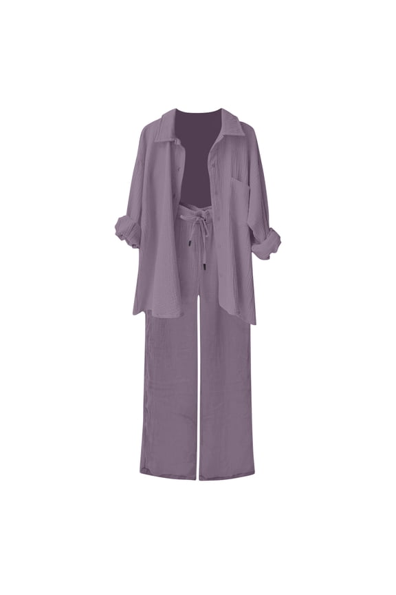 Women's 2 Piece Casual Outfits Pleated Long Sleeve Lapel Button down Shirts Wide Leg Pants Lounge Streetwear Set