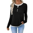 thumbnail image 1 of Lenpel Women's 2 in 1 Tee Tops Crew Neck Button Front Brushed Fleece Ribbed Knit T Shirts Soft Casual Blouses(Black,Small), 1 of 7