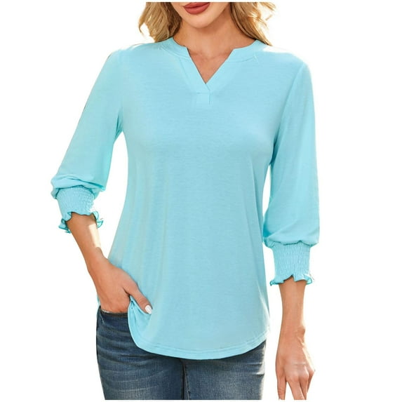 Lenpel Women's 3/4 Length Sleeve Tops Fashion V Neck Solid Color Dressy Casual T Shirts Tunic Tee Blouses