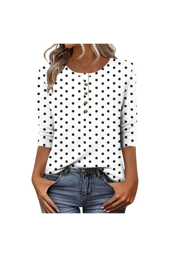Women's 3/4 Length Sleeve Tops Trendy Spring Summer Half Button Printed Casual T-Shirts Tunic Tee Blouses